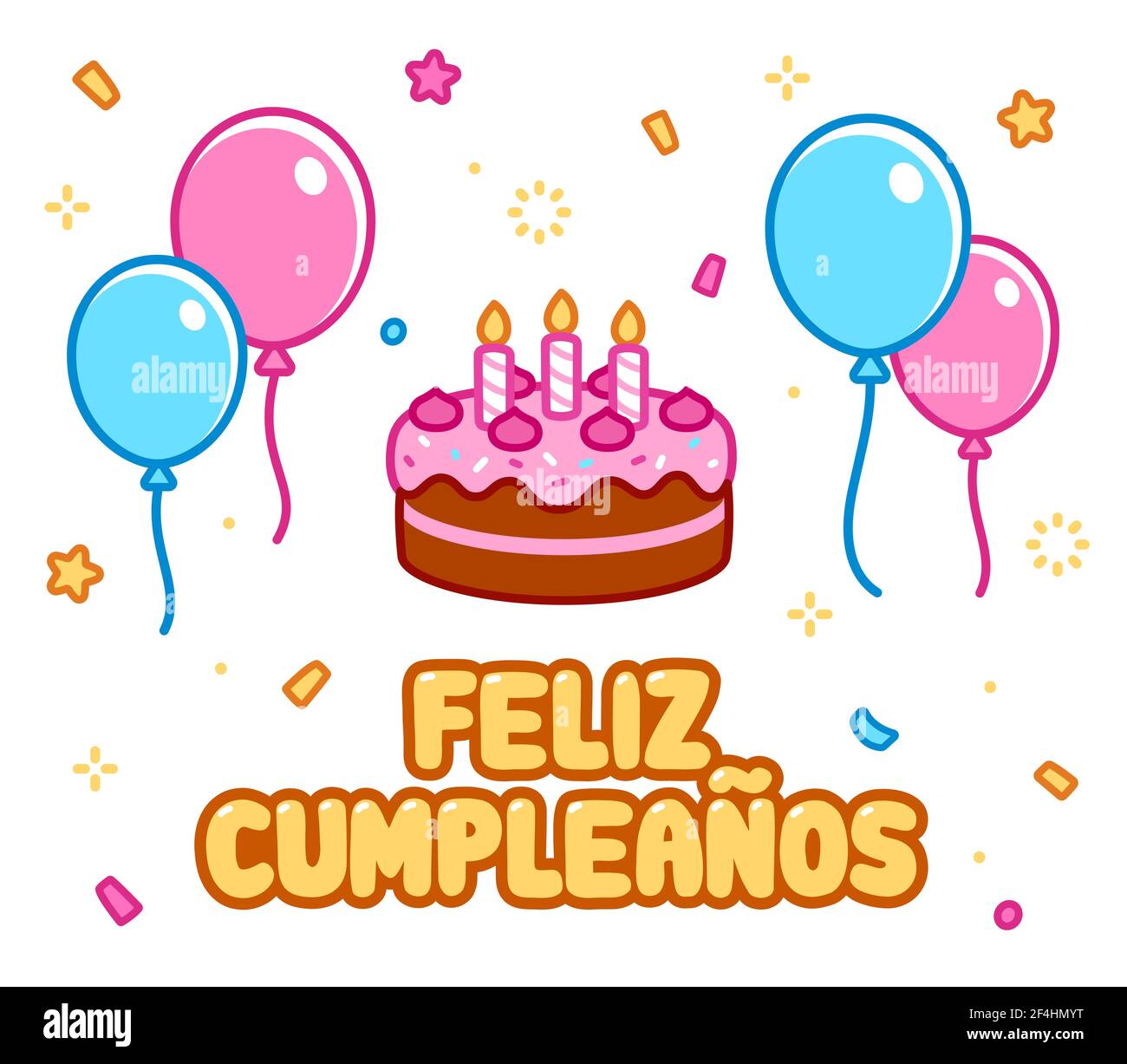 Feliz cumpleaños, Happy Birthday auf Spanisch. Cartoon Grußkarte mit Geburtstagskuchen, Ballons und Konfetti. Cute Doodle Zeichnung, Vektor-Illustration Stock Vektor