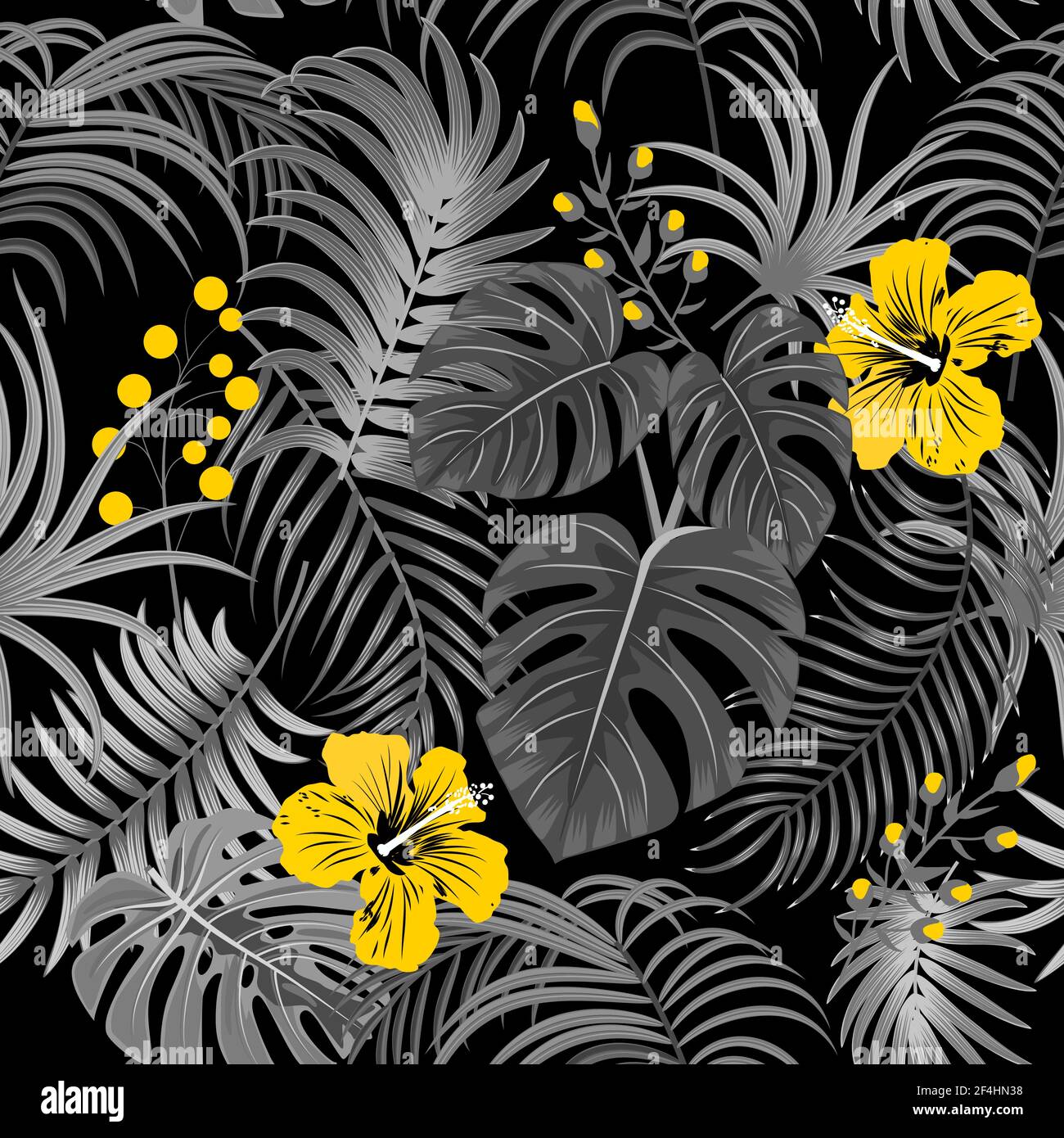 Tropischer Vektor nahtloses Muster mit Blättern von Palmen und Blumen. Floraler Hintergrund, Dschungel-Tapete. Stock Vektor