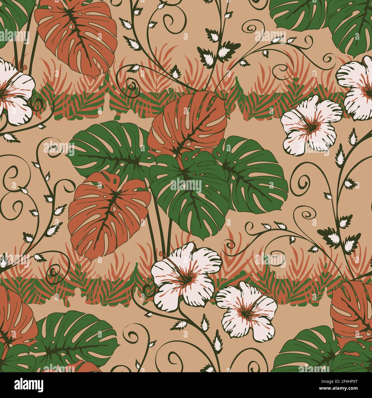 Nahtloses Vektor-Muster mit tropischen Pflanzen auf beige rosa Hintergrund. Romantische Regenwald Tapete Design mit weißen Blumen. Stock Vektor