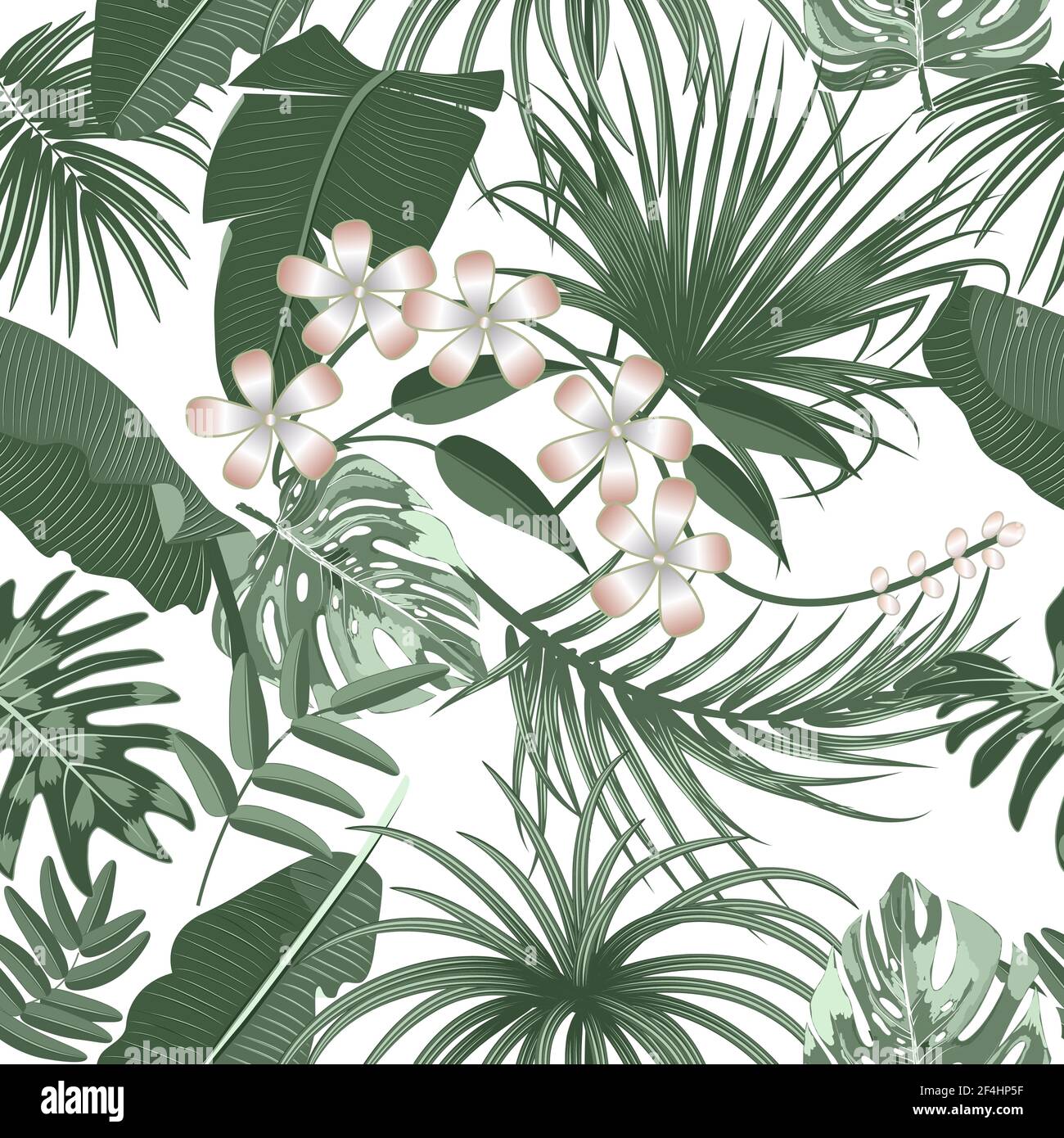 Vektor tropisches nahtloses Muster mit Blättern von Palmen und Blumen. Botany hellen Hintergrund, Dschungel Tapete. Stock Vektor