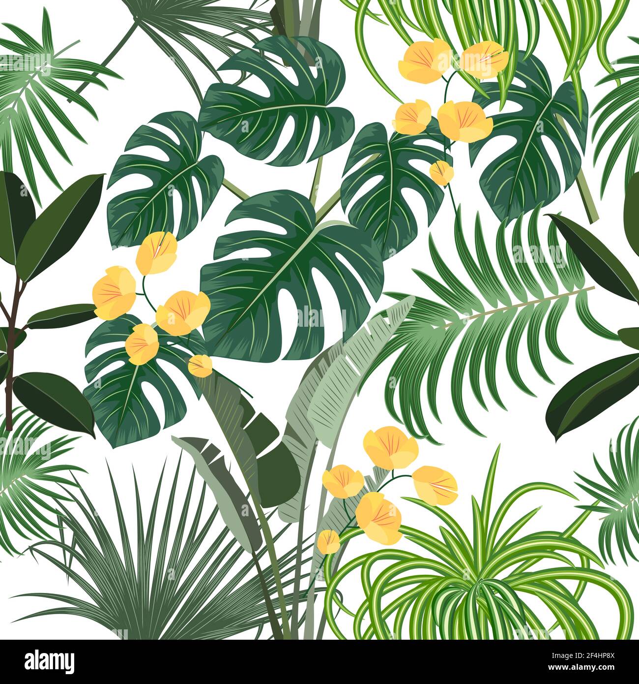 Vektor tropisches nahtloses Muster mit Blättern von Palmen und Blumen. Botany hellen Hintergrund, Dschungel Tapete. Stock Vektor