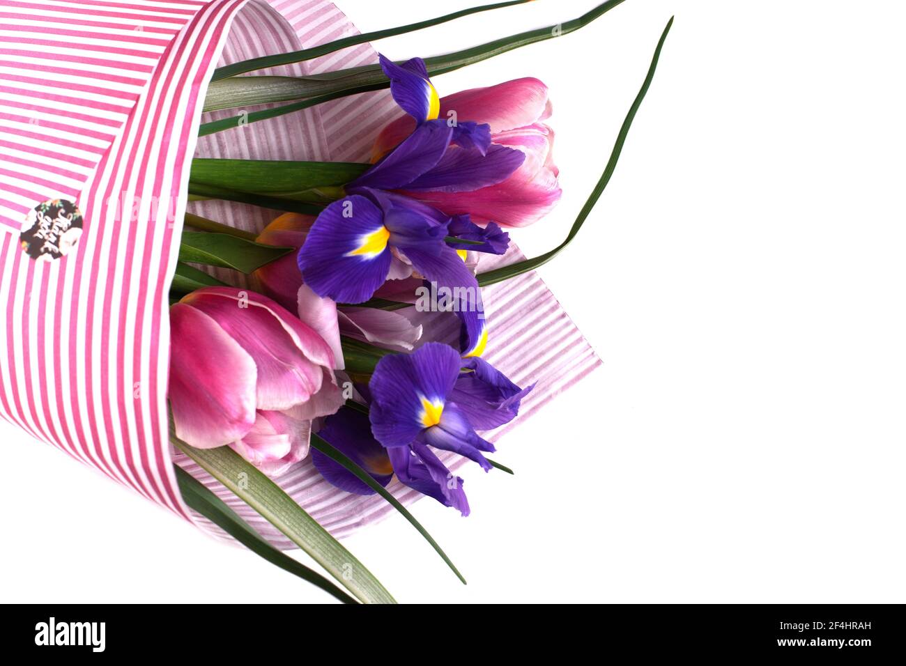 Frühlingsstrauß von Tulpen und Iris.Geschenk für Frauen und Mütter Stockfoto