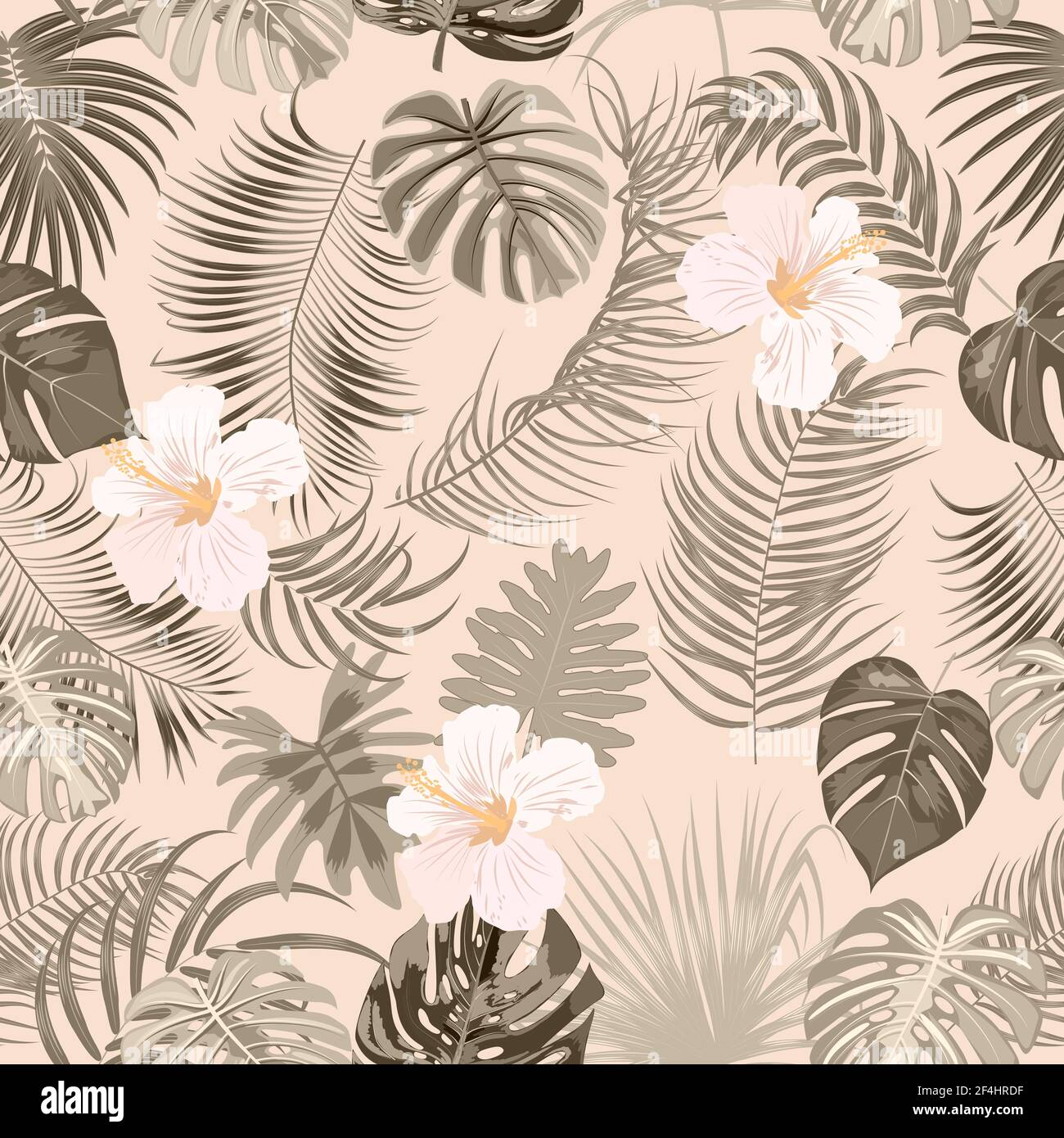 Vektor tropisches nahtloses Muster mit Blättern von Palmen und Blumen. Botany hellen Hintergrund, Dschungel Tapete. Stock Vektor