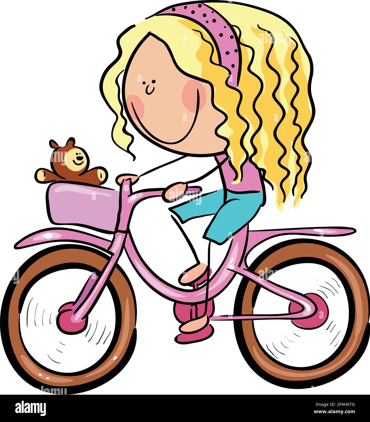 Cartoon Junge Frau reitet Fahrrad mit Blumenstrauß im Korb. Stock Vektor