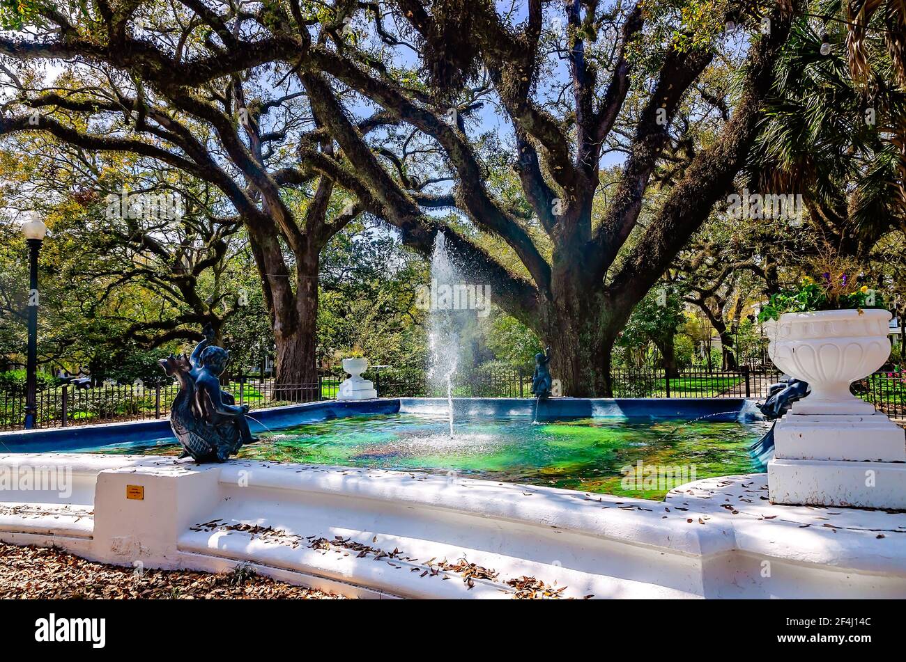 Washington Square verfügt über einen Brunnen und zahlreiche lebende Eichen, 13. März 2021, in Mobile, Alabama. Stockfoto