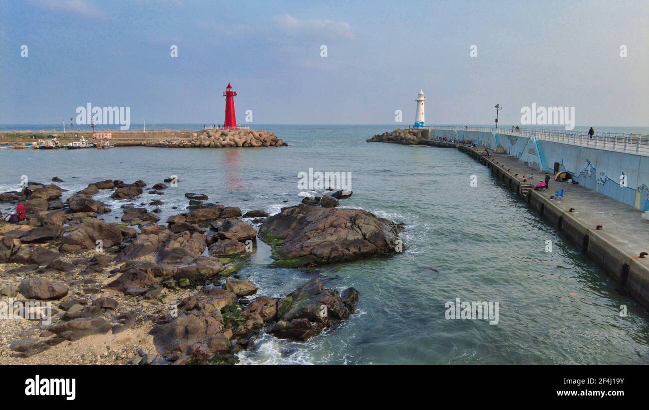 Sonnenuntergang im Hafen von Cheongsapo in Haeundae, Busan, Südkorea, Asien. Stockfoto