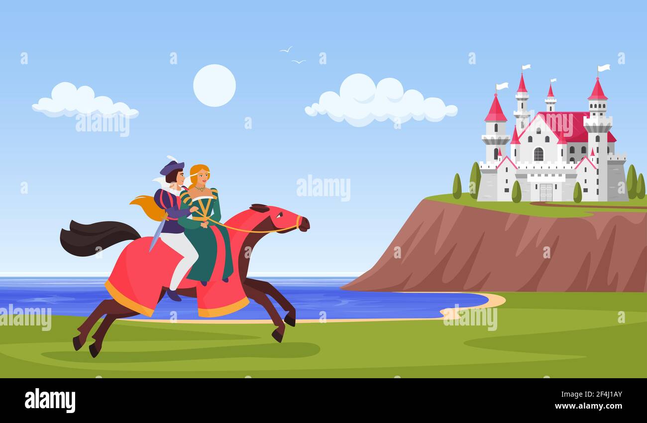 Prinz und Prinzessin reiten Pferd, Reiter reiten zum Schloss auf Berg Fantasy-Landschaft Stock Vektor