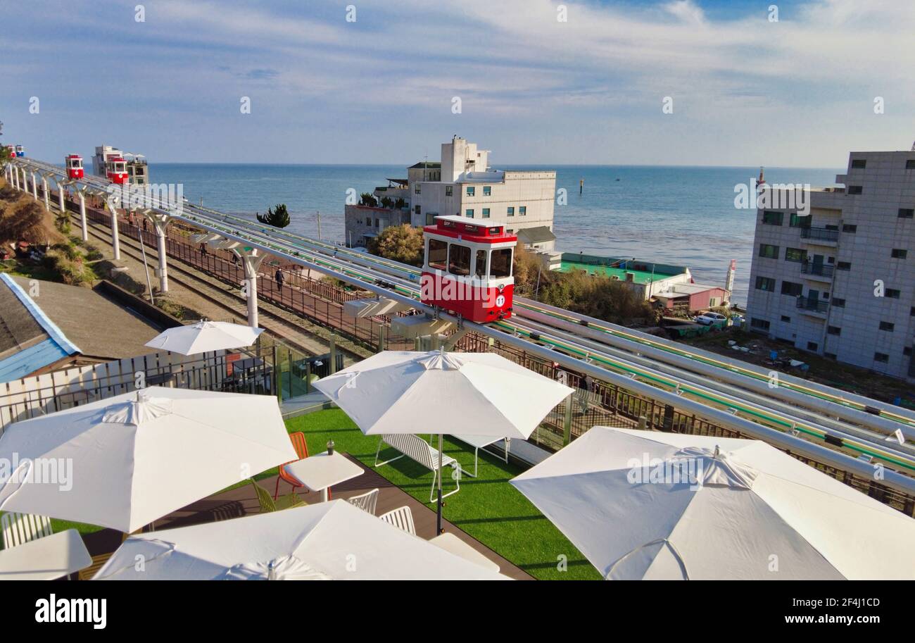 Landschaft der Haeundae-Himmelskapsel, Busan, Südkorea, Asien. Stockfoto