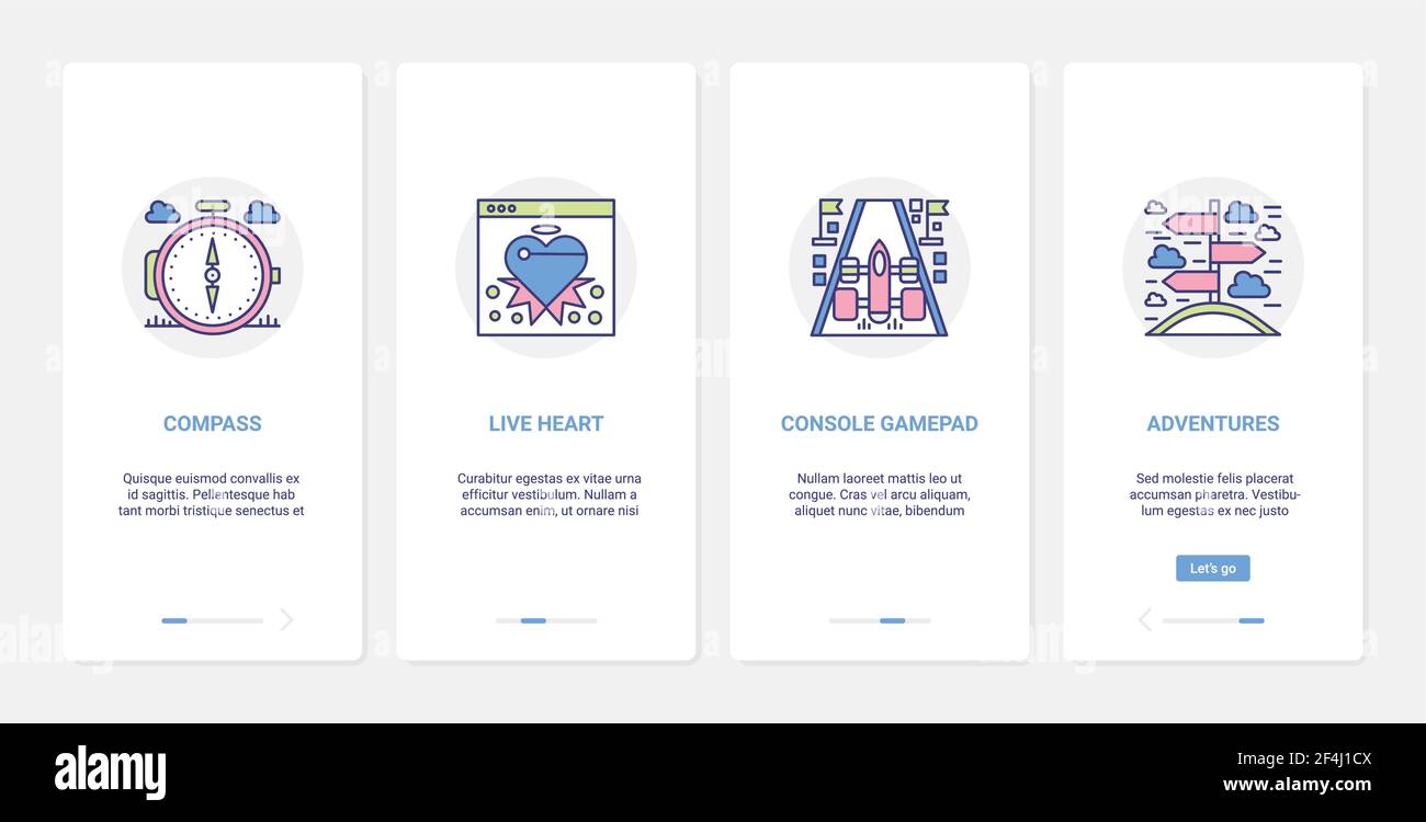 Video Abenteuer digitales Spiel Objekt UI, UX Onboarding mobile App Seite Screen Set Stock Vektor