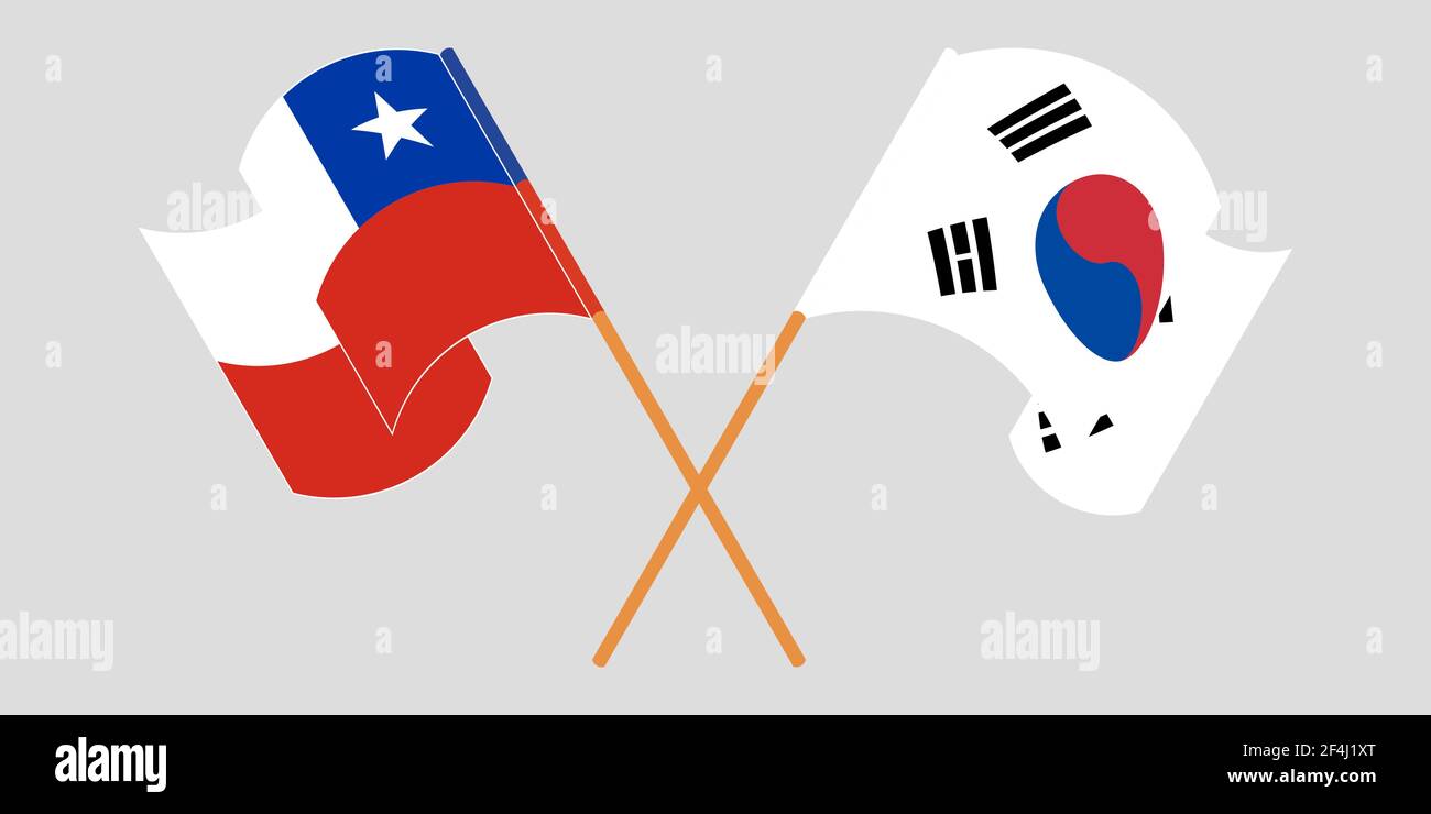 Gekreuzte Flaggen von Chile und Südkorea. Offizielle Farben. Korrektes Verhältnis. Vektorgrafik Stock Vektor
