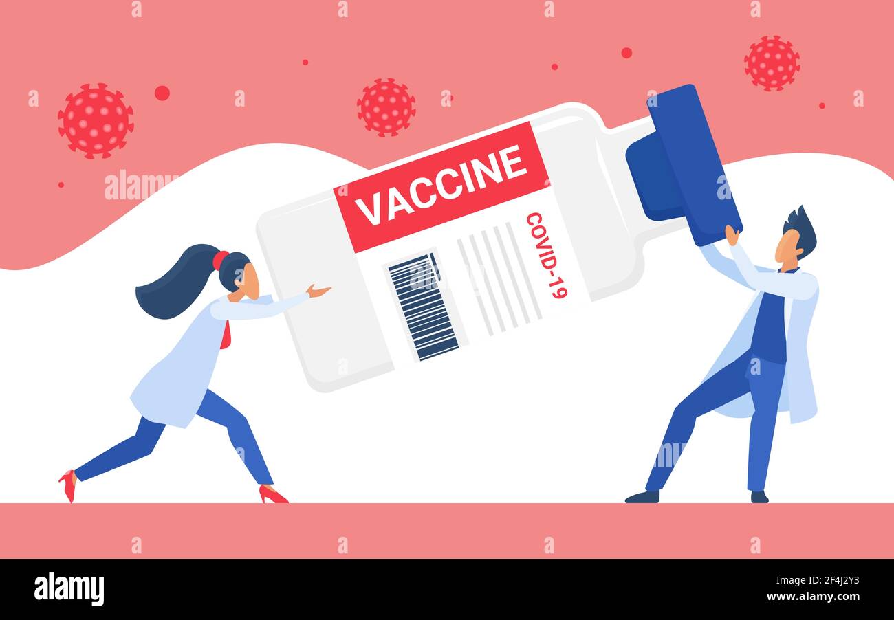 Impfschutz gegen Coronavirus, Mann Frau Ärzte halten Impfflasche Stock Vektor