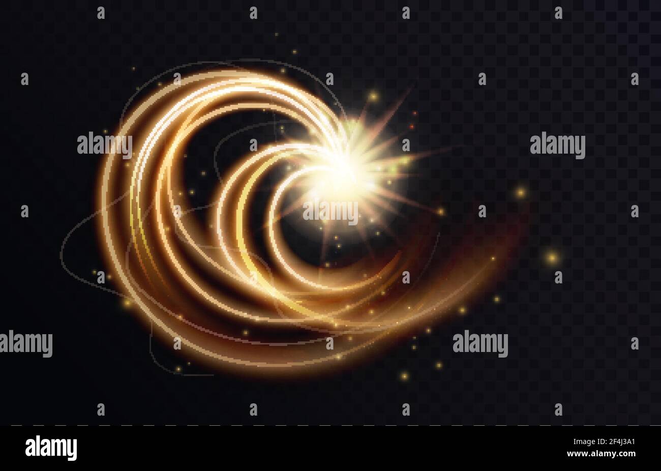 Goldene leuchtende Wirbelform, abstrakter Lichteffekt, funkelnde Neonspur fliegender Sterne Stock Vektor