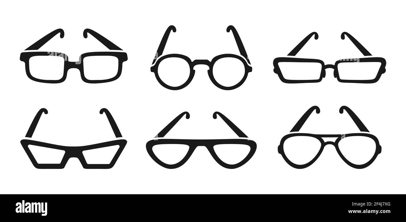 Brille stilvolle schwarze Silhouette Icon Set. Brillenrand, Brillengestell  und Brillenform. Mode Frau oder Mann Brille, Hipster, Geek Brille optisch.  Handgezeichnete isolierte Vektordarstellung Stock-Vektorgrafik - Alamy