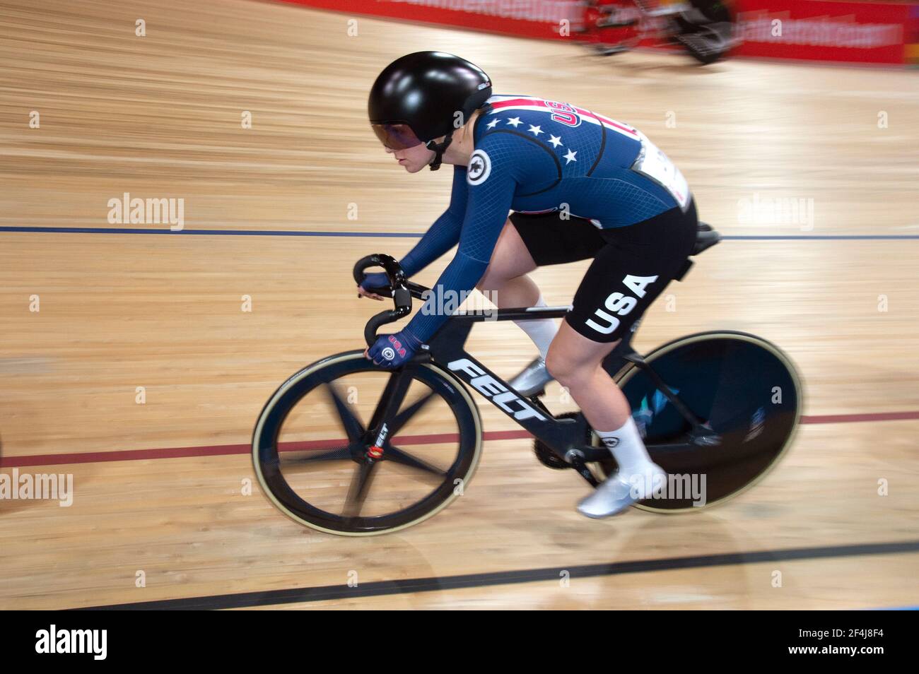 Jennifer Valente vom Team USA beim Kratzrennen, UCI Track World Championships, Berlin, Deutschland (Foto: Casey B. Gibson) Stockfoto