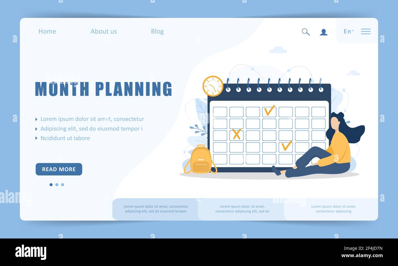 Monatsplanung oder To-Do-Listenkonzept. Vorlage für die Landing Page der Website. Frau, die in der Nähe des riesigen Kalenders sitzt. Aufgabenplanung, Arbeitsprozessorganisation Stock Vektor