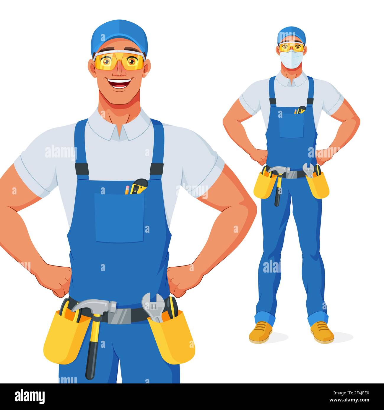 Handyman in Lätzchen Overalls und Schutzbrille mit Armen akimbo. Vektorgrafik Zeichentrickfigur. Stock Vektor