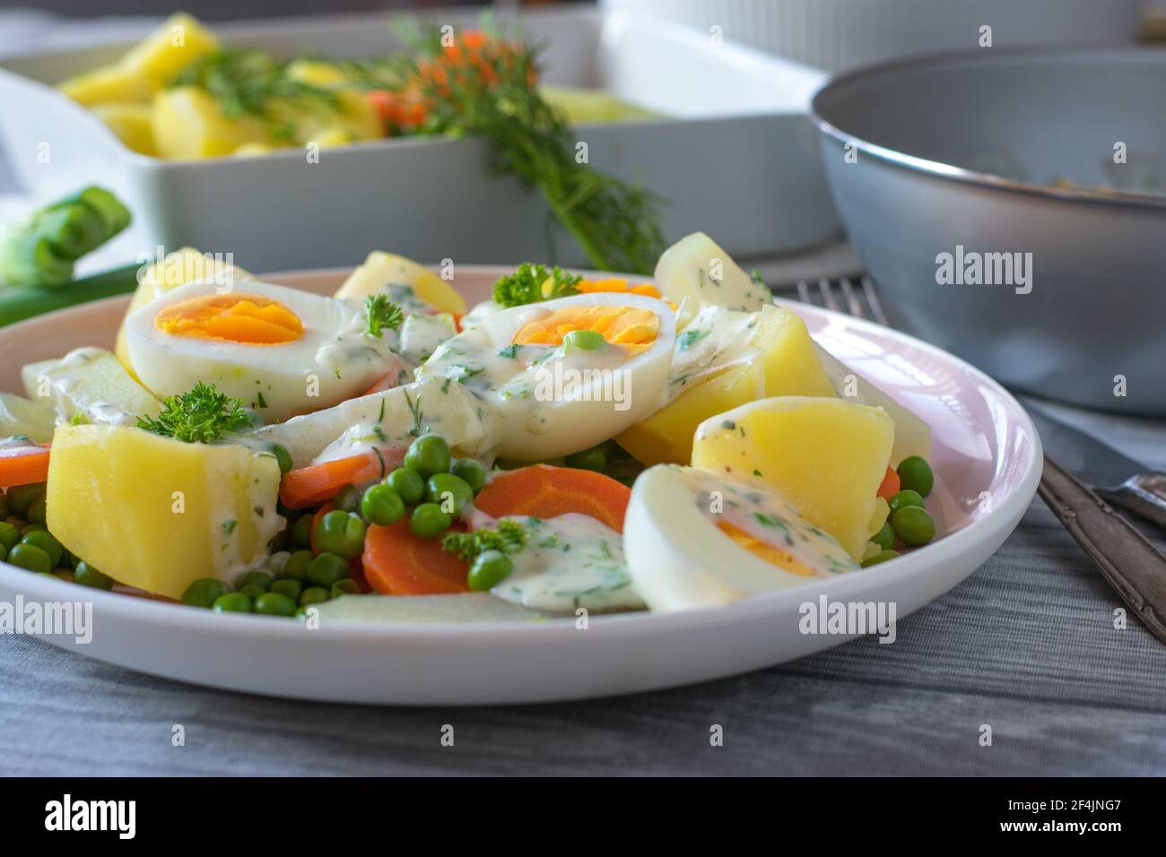 Gekochte Eier mit Gemüse, Kartoffeln und Sauce auf einem Teller Stockfoto