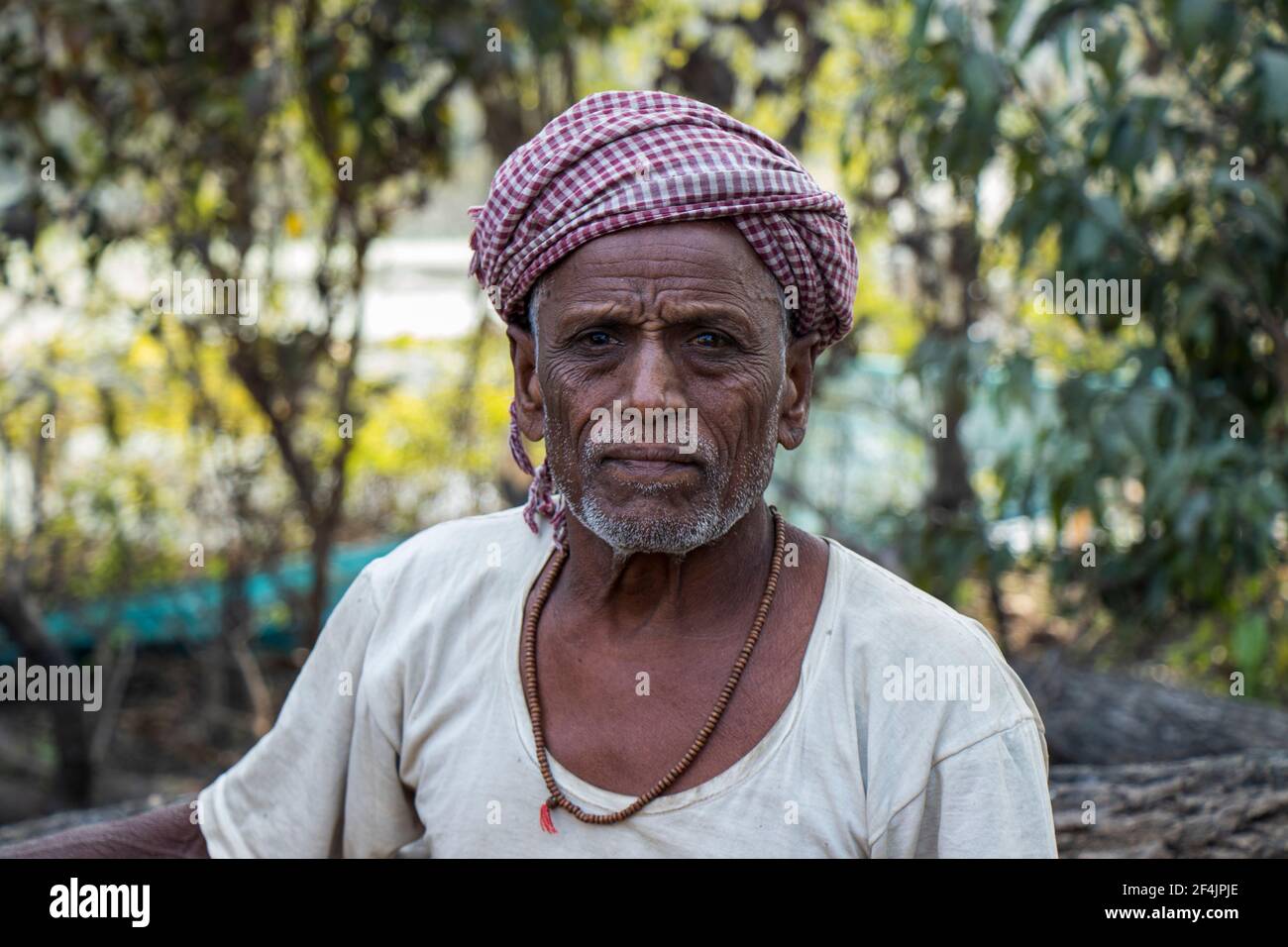 Ein indisches Farmerporträt mit Blick auf die Kamera - Begusarai, Bihar, Indien - 20-01-2021 Stockfoto