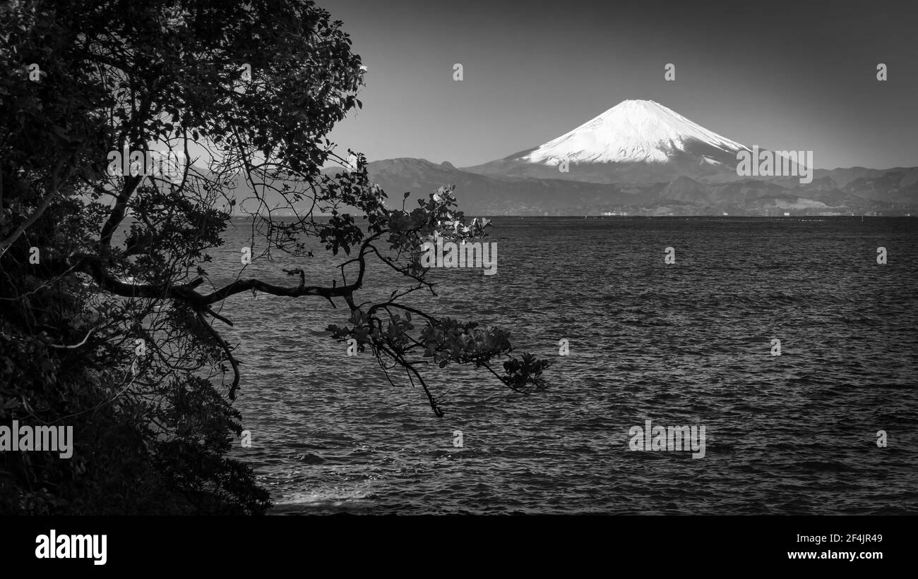 Ein Blick von Japans Miura Halbinsel auf die Sagami Bucht mit dem Fuji im Hintergrund. Stockfoto