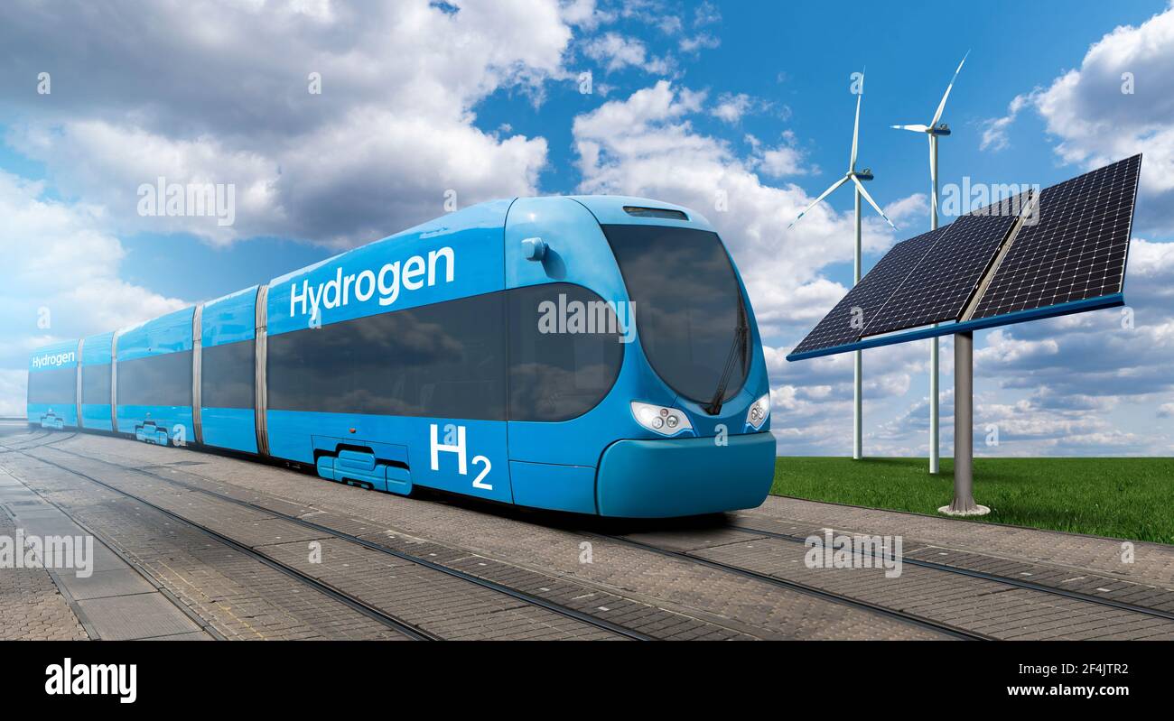Mit Wasserstoff betriebene Züge mit Windturbinen und Sonnenkollektoren. Gewinnung von grünem Wasserstoff aus erneuerbaren Energiequellen Stockfoto