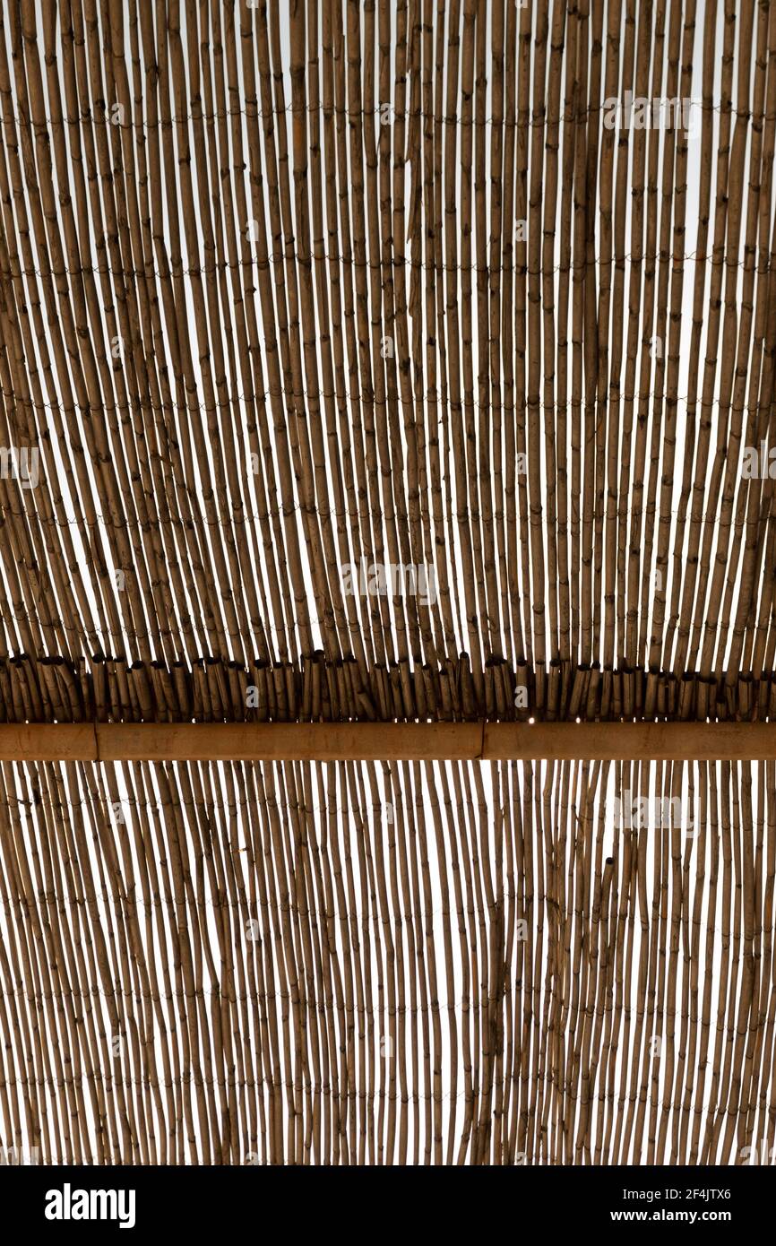 Sonne scheint durch das Bambusdach eines Strandhauses Stockfoto