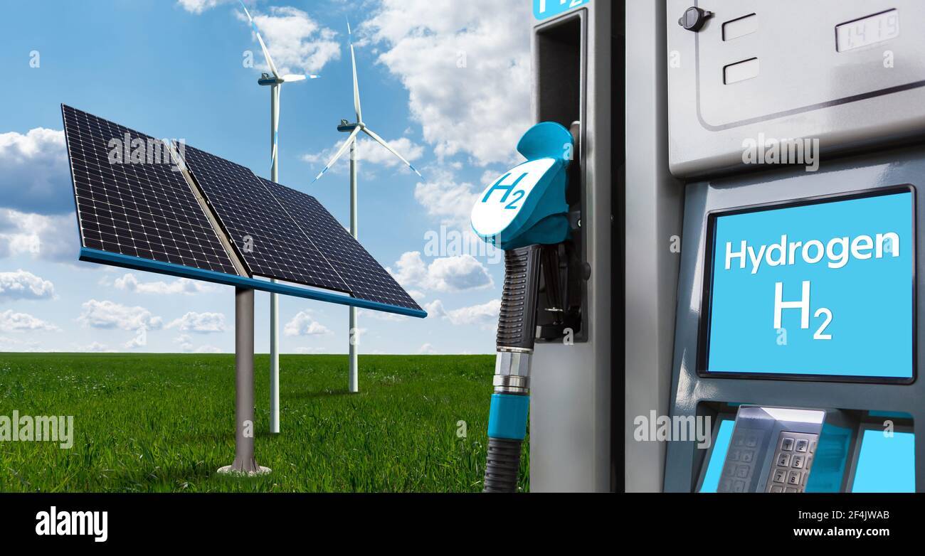 Wasserstoff-Tankstelle mit Windturbinen und Sonnenkollektoren im Hintergrund. Gewinnung von grünem Wasserstoff aus erneuerbaren Energiequellen Stockfoto