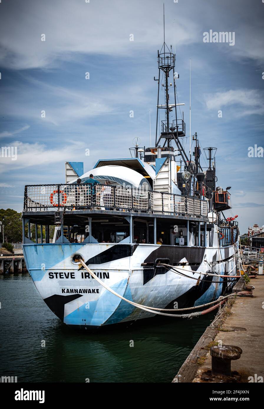 Das Flaggschiff von pensionierter Sea Shepherd, die M/Y Steve Irwin, dockte in Williamstown, Victoria, Australien an Stockfoto