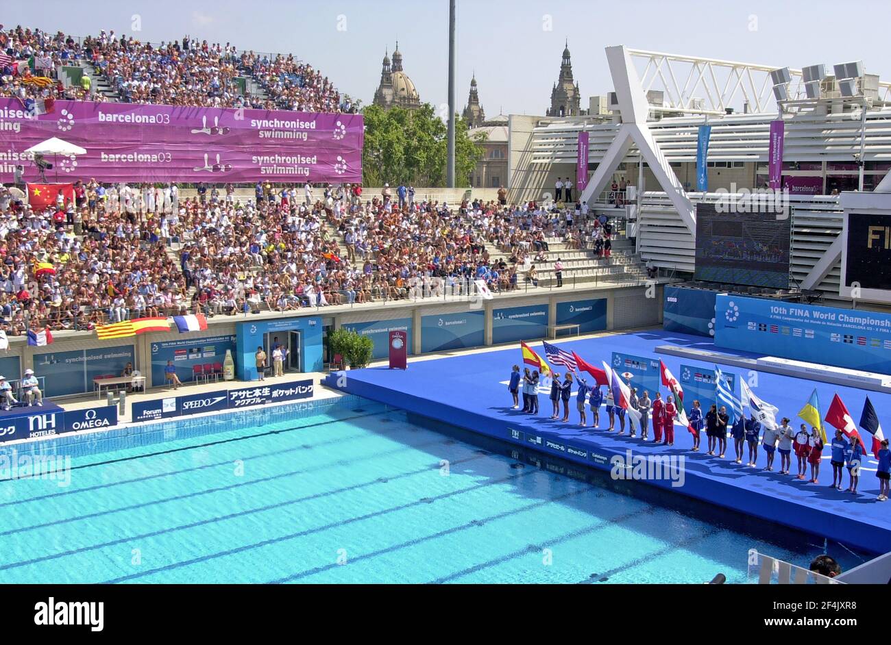 Außenschwimmbad Draufsicht, bereit für das Synchronisieren Schwimmteam Finale, während der Schwimmweltmeisterschaft 2003, in Barecelona Stockfoto