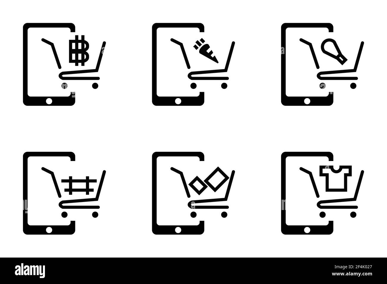 Online-Shopping über Mobile Application Marketing Cart. Icon zum Einkaufen inserieren Material, Geschenk, Lebensmittel Karotte, T-Shirt, Huhn Stockfoto