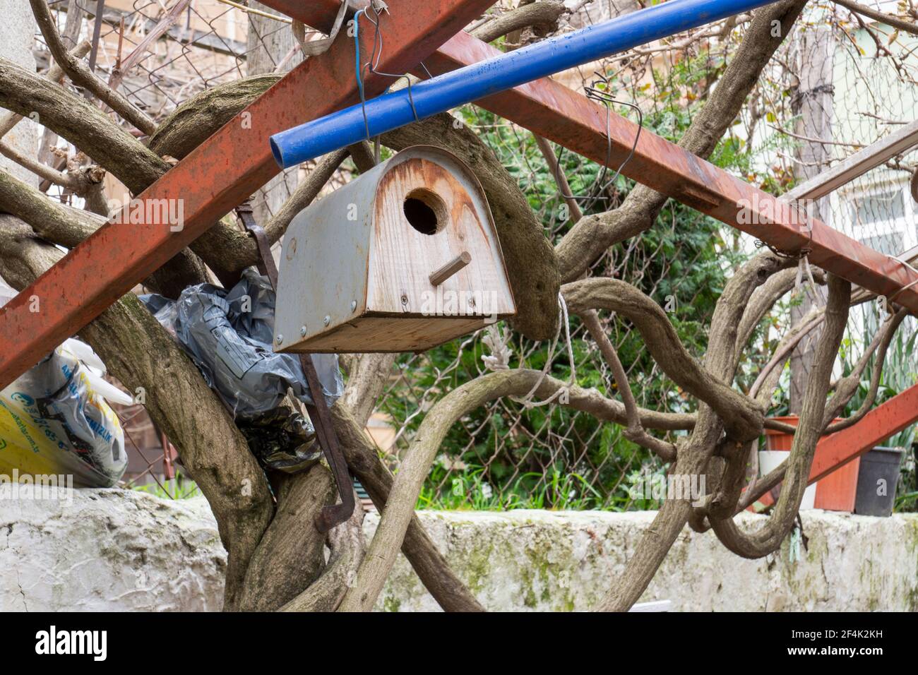 Im Schatten eines Brombeerbaums, Vogelhaus aus Holz an Eisenstangen aufgehängt. Selektiver Fokus Stockfoto