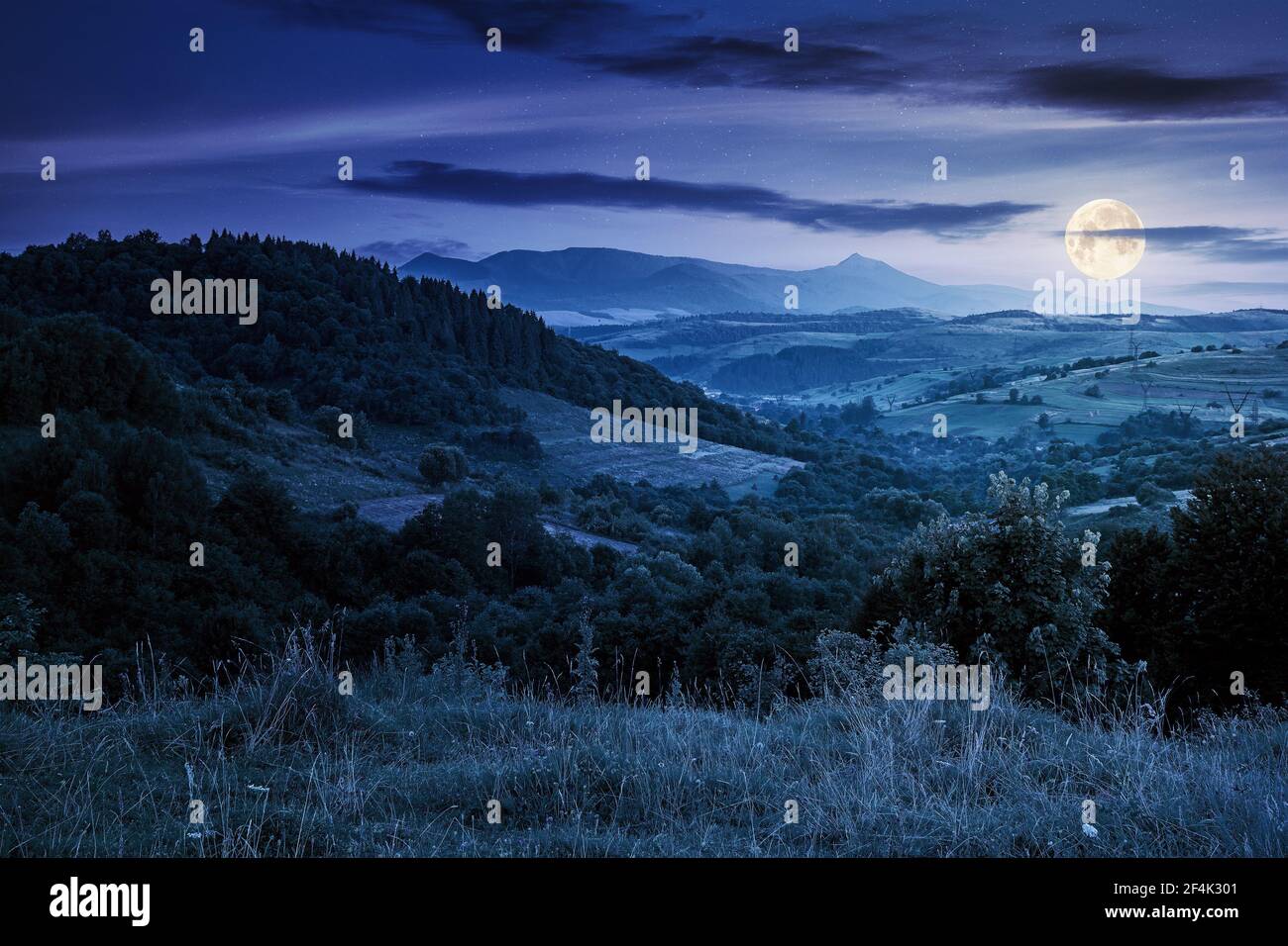 Bergige ländliche Landschaft bei Nacht. Schöne Landschaft mit Wäldern, Hügeln und Wiesen im Vollmondlicht. Kamm mit hohen Gipfel in der Ferne. vill Stockfoto