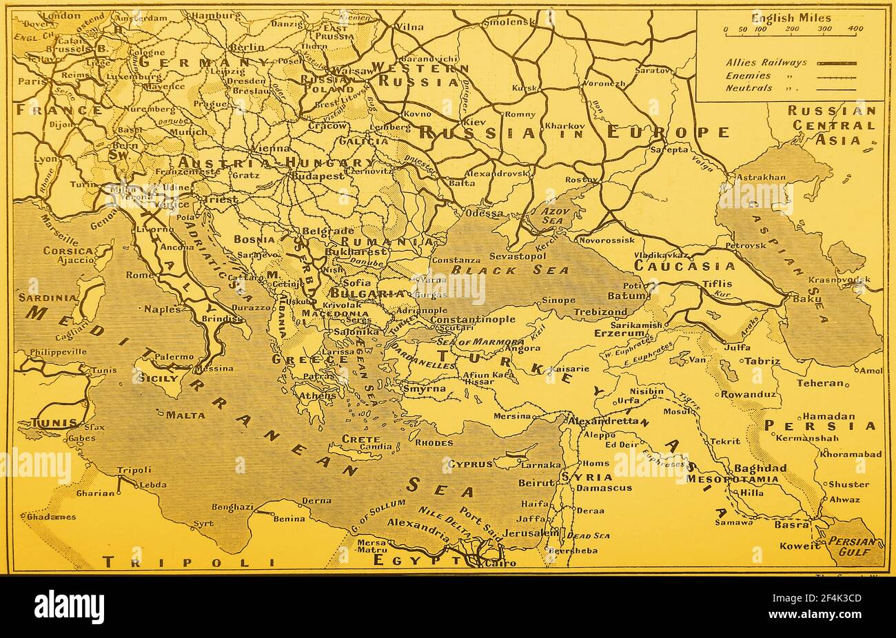 1. Weltkrieg - Karte des Schienenverkehrs in Europa mit den Eisenbahnen der Alliierten, Feinden und anderen Eisenbahnen. Stockfoto