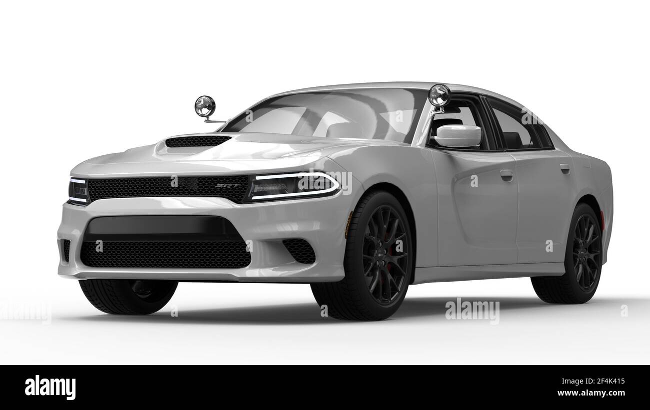 AUSTIN, VEREINIGTE STAATEN - Nov 03, 2020: Verschiedene Winkel eines weißen LKW Dodge Charger (Polizeiauto in den Vereinigten Staaten) schwere Renderings. Toll für Stockfoto