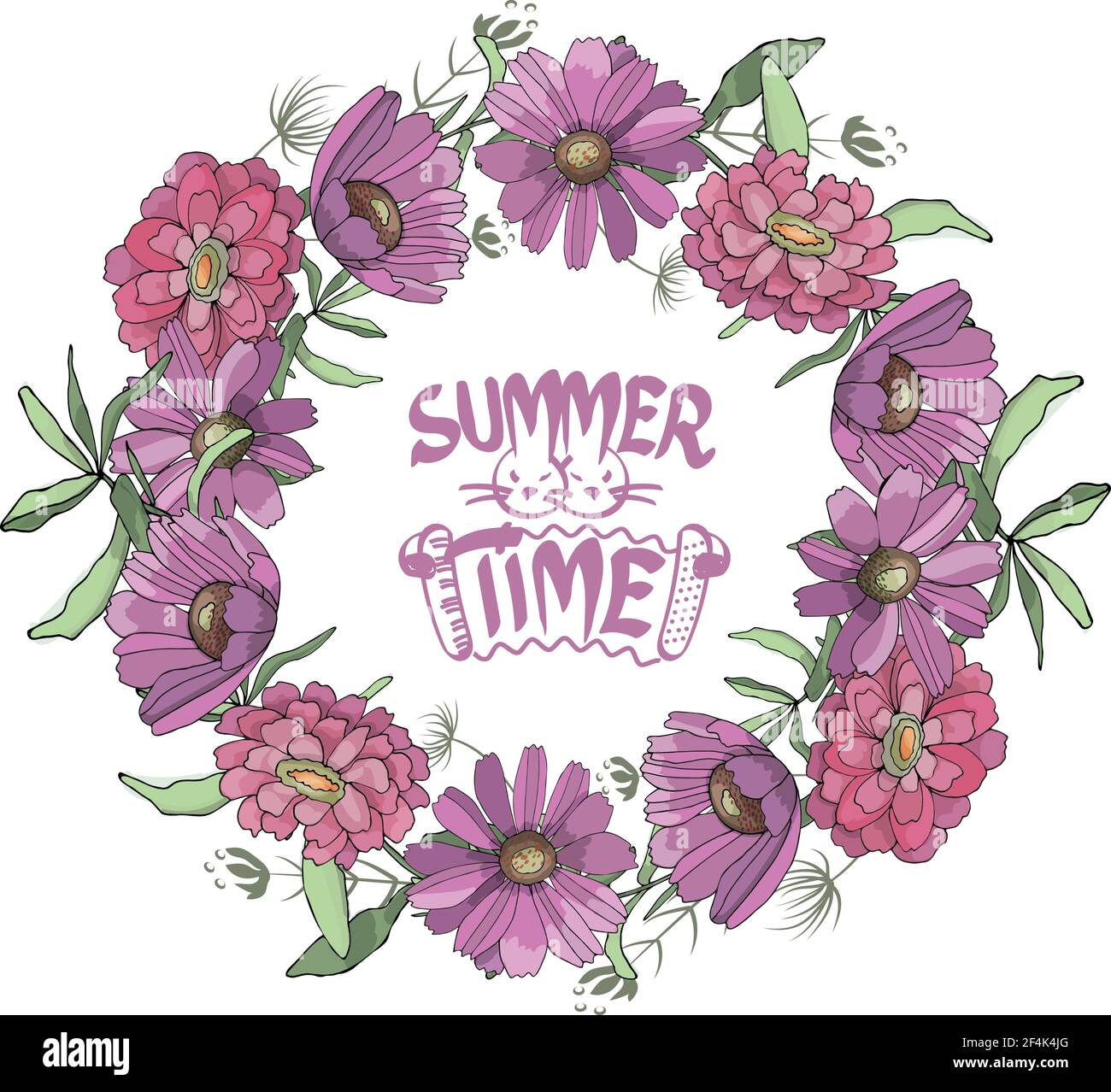 Vektor runder Rahmen, detailreicher Kranz aus Garten und Wildblumen isoliert auf Weiß. Buchstabenlogo mit zwei Hasen und Ziehharmonika in der Mitte. Stock Vektor