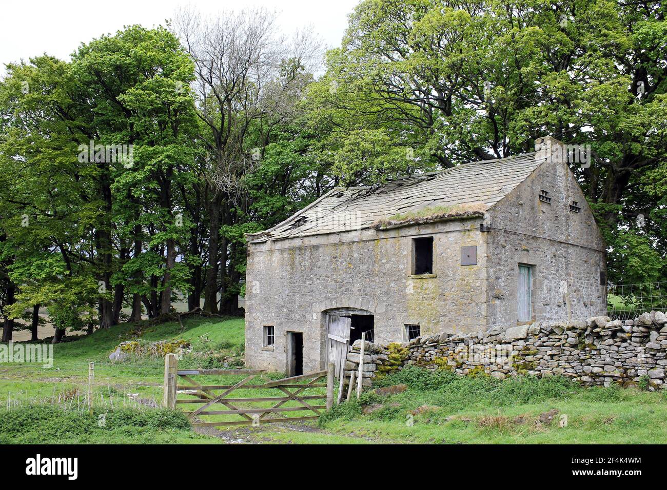 Verkommen Bauernhaus / Steinscheune über Aktien Reservoir, Slaidburn in Lancashire, Großbritannien Stockfoto