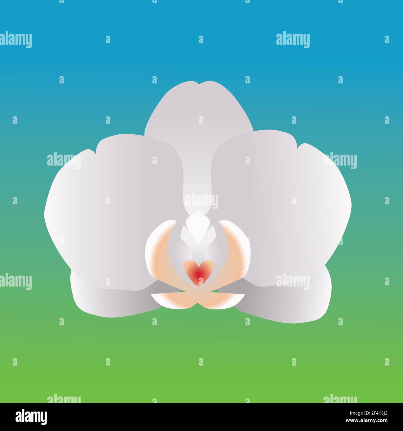 Eine einzige Orchideenblume. Es ist ein weißer Blütenkopf und der Hintergrund ist ein blauer und grüner Gradient Stock Vektor