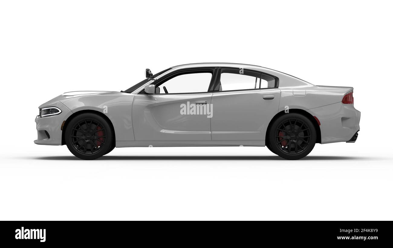 AUSTIN, VEREINIGTE STAATEN - Nov 03, 2020: Verschiedene Winkel eines weißen LKW Dodge Charger (Polizeiauto in den Vereinigten Staaten) schwere Renderings. Toll für Stockfoto