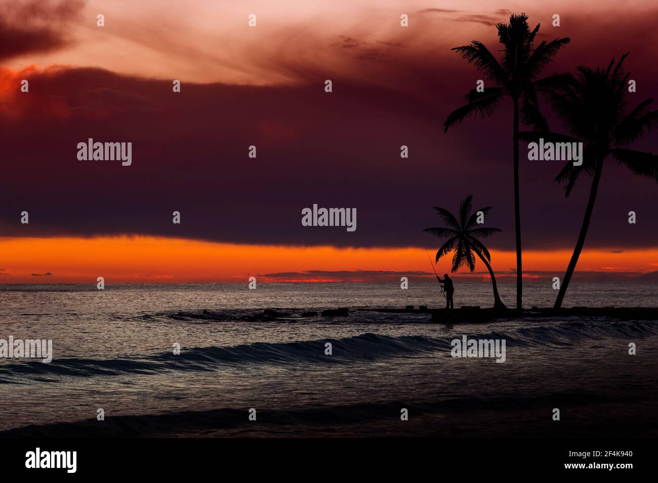 Sonnenuntergang über dem Meer mit Palmen Silhouette. Stockfoto