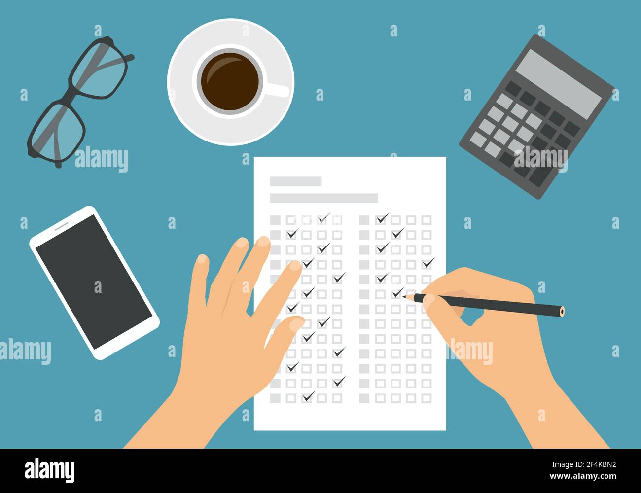Flaches Design Illustration einer Hand eines Mannes oder einer Frau Ausfüllen eines professionellen Test-Antwort-Formular mit einem Bleistift. Tasse Kaffee mit Taschenrechner und Gläsern Stock Vektor