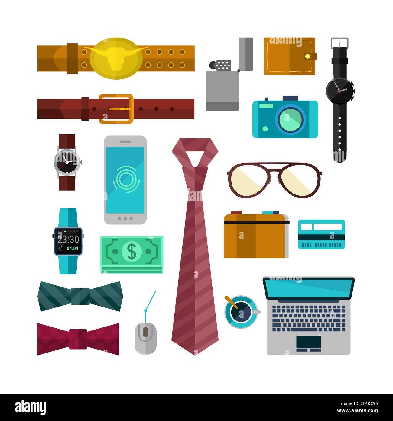 Set von Zubehör für Männer mit Computer, Telefon, Uhr und Krawatte. Vektorgrafik Stock Vektor