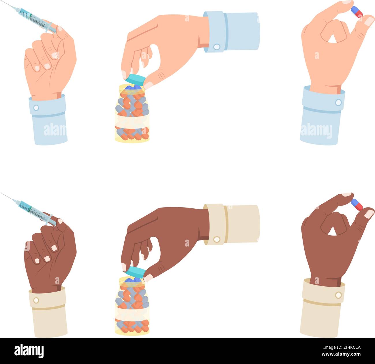Hand halten Spritze, Pille und Behälter mit pharmakologischen Medikamenten, Vektor-Illustration isoliert auf weißem Hintergrund Stock Vektor