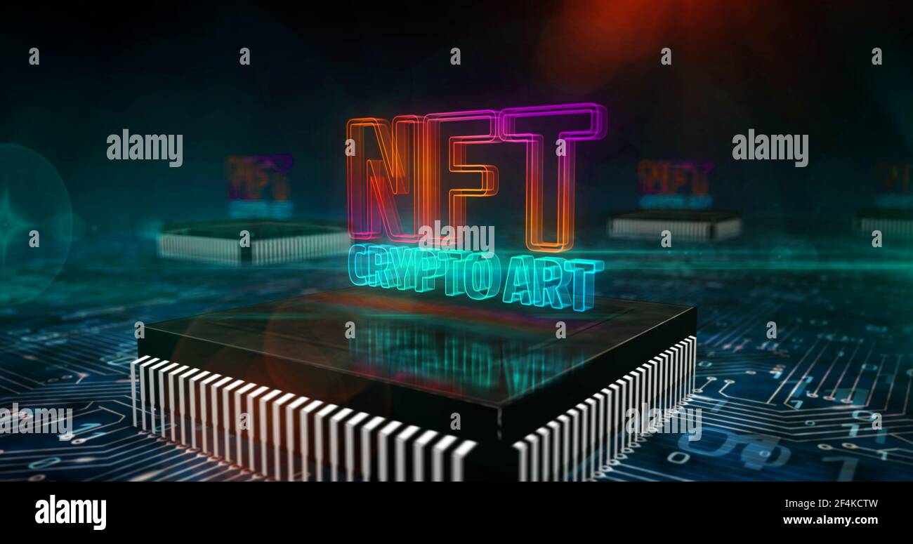 NFT Crypto Art Symbol. Nicht fungibles Token, Verkauf digitaler Sammlerstücke, Cyber-Transaktion und einzigartiges Zertifikatkonzept. Technology 3D-Abbildung. Stockfoto