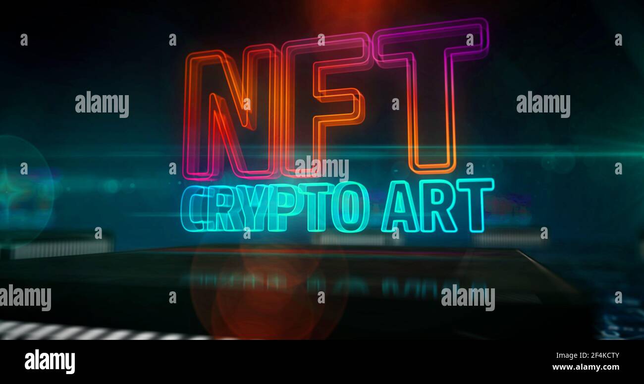 NFT Crypto Art Symbol. Nicht fungibles Token, Verkauf digitaler Sammlerstücke, Cyber-Transaktion und einzigartiges Zertifikatkonzept. Technology 3D-Abbildung. Stockfoto