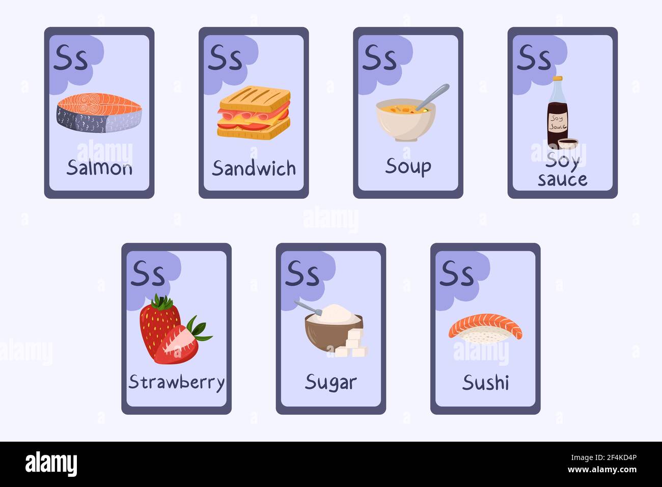 Bunte Alphabet Flashcard Buchstabe S - Lachs, Sandwich, Suppe, Sojasauce, Erdbeere, Zucker, Sushi. Stock Vektor