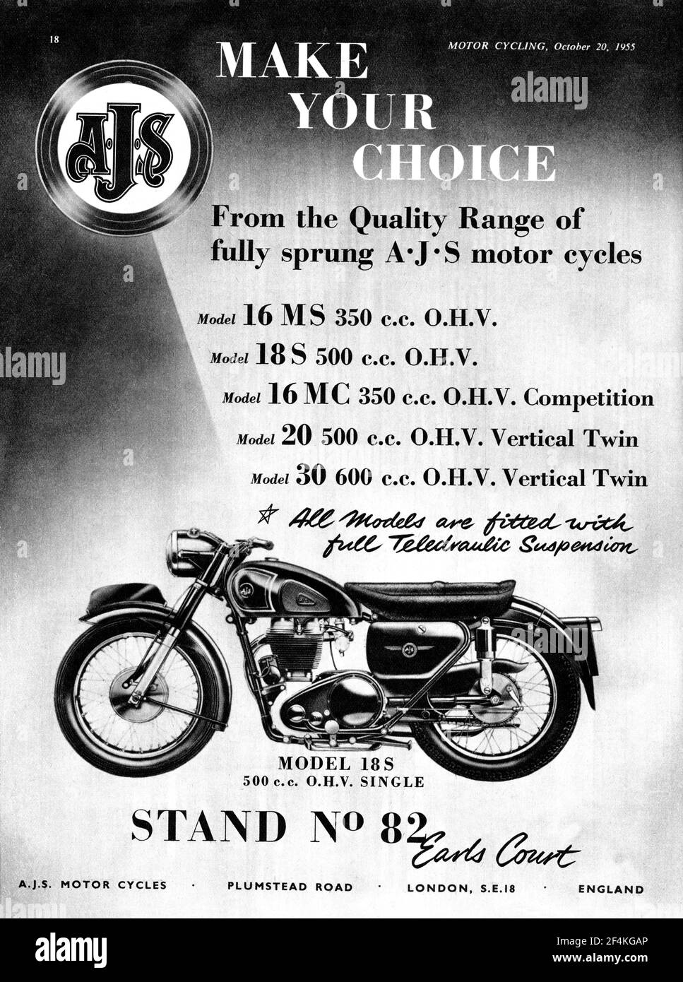 Ein AJS-Werbespot aus dem Motorradmagazin, Oktober 1955. Stockfoto