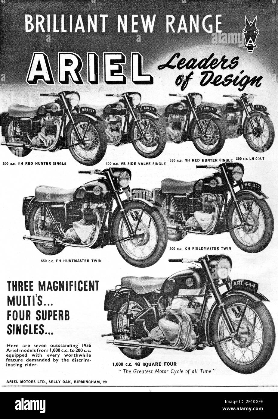Eine alte Ariel-Anzeige vom Motorradmagazin, Oktober 1955. Stockfoto