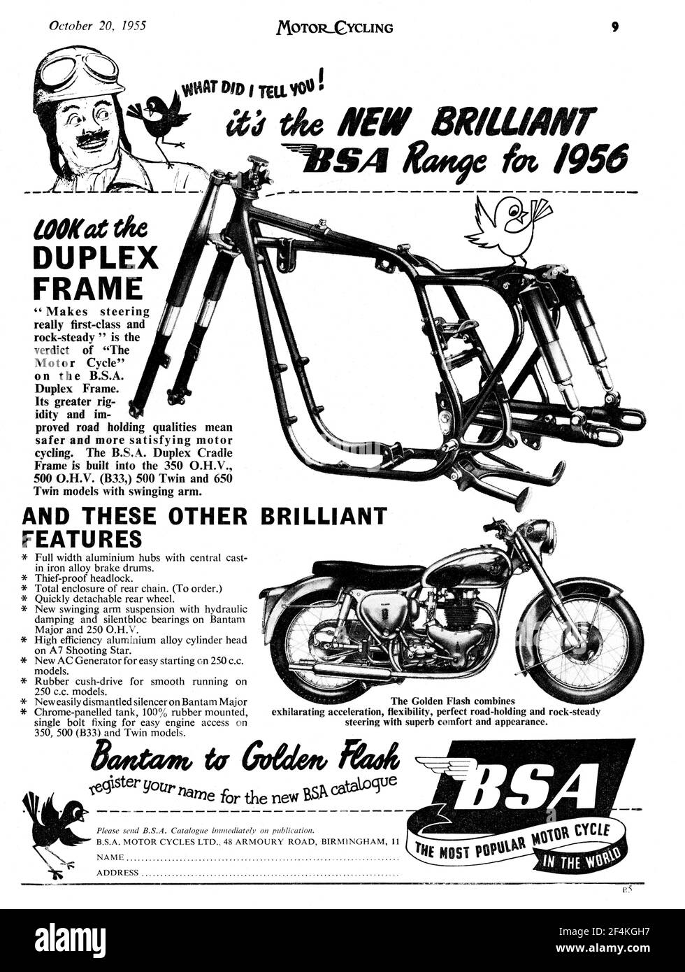 Eine alte BSA-Anzeige vom Motorradmagazin, Oktober 1955. Stockfoto