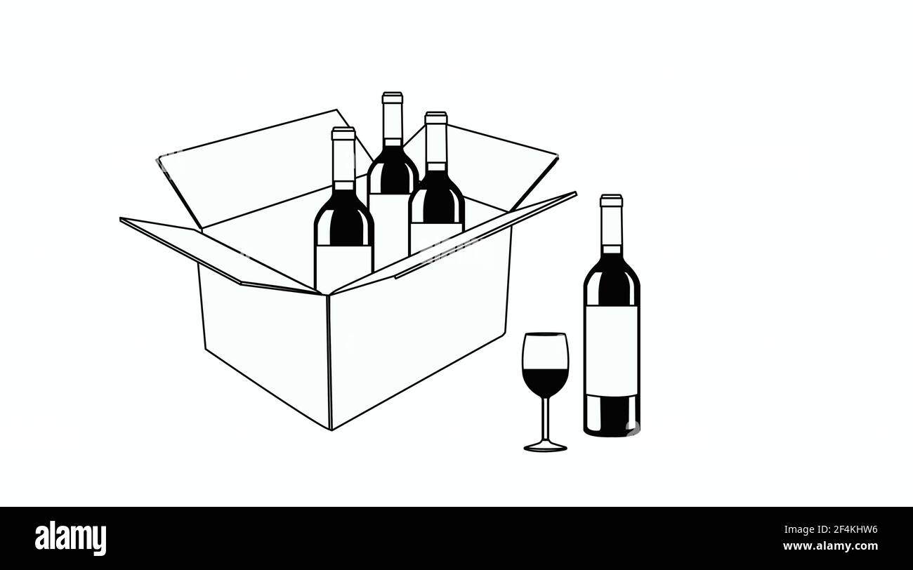 Vektor isoliert Illustration einer Schachtel mit Weinflaschen und einem Glas Wein Stock Vektor