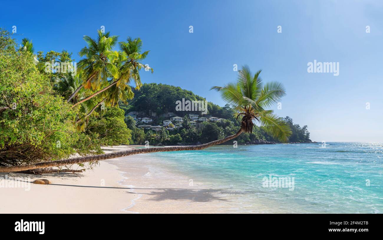 Panoramablick auf tropischen sonnigen Strand in Takamaka Strand, Seychellen Stockfoto