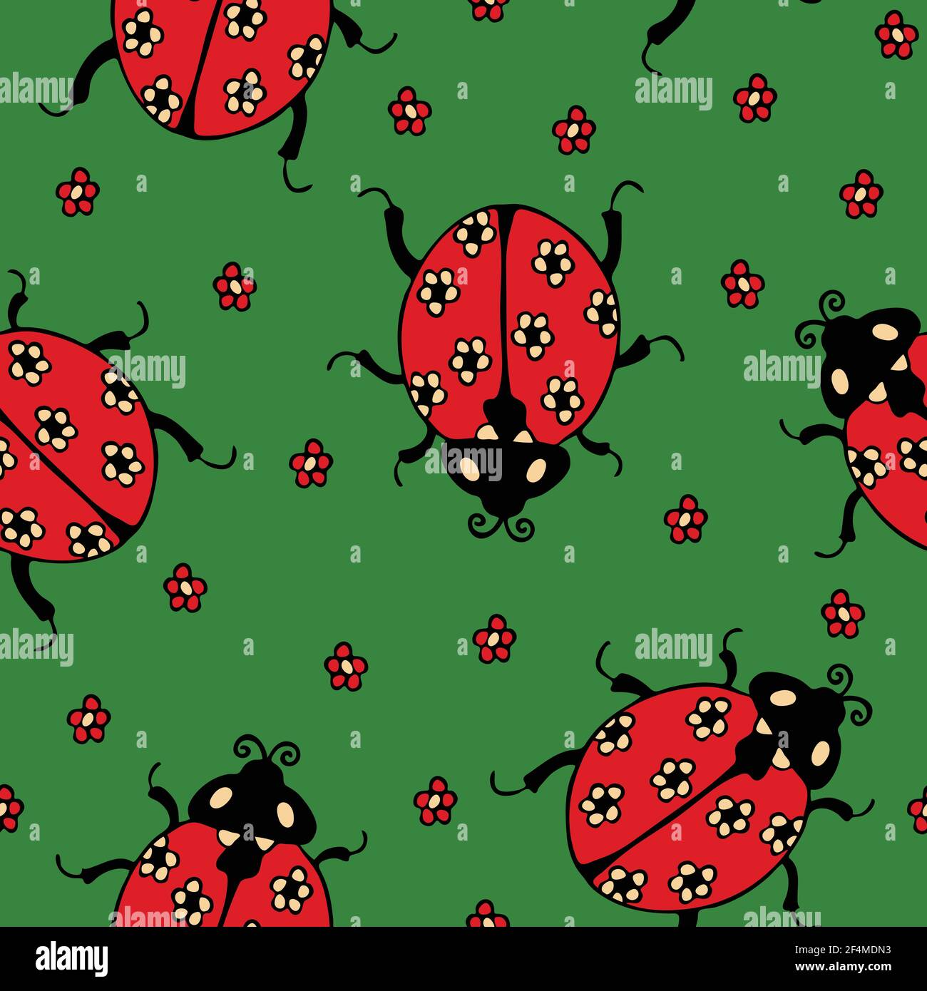 Nahtloses Vektor-Muster mit Marienkäfer auf grünem Hintergrund. Einfache strukturierte Marienkäfer Tapete Design für Kinder. Dekorative helle Mode Textil. Stock Vektor
